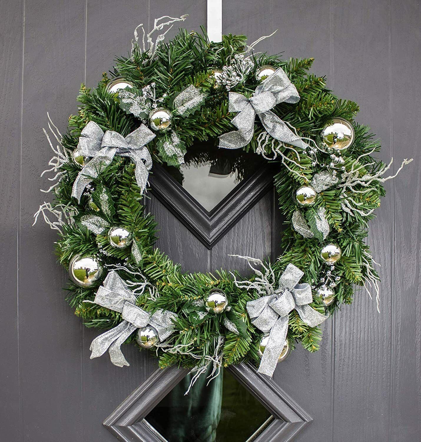 HomeZone 50cm Sparkling Silver Christmas Decoration Wreath - Artificial Front Door Wreath with Bows & Baubles - Elegant Winter Wreath for Indoor Christmas Decorations & Festive Displays
