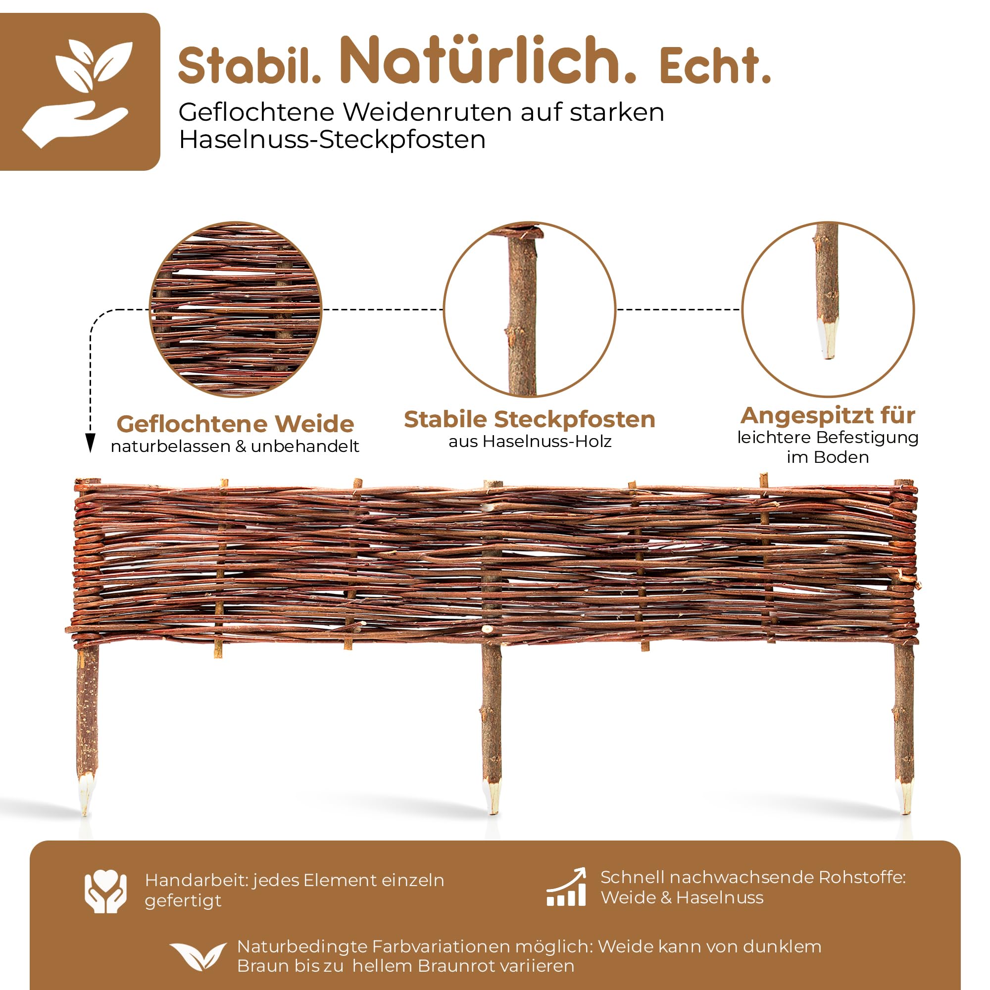 BOOGARDI Beeteinfassung Holz · 12 Größen · 10x Weidenzaun 20 cm hoch x 120 cm lang · Garten Steckzaun zur Beetumrandung · Rasenkanten zur Beetbegrenzung aus Weide 5