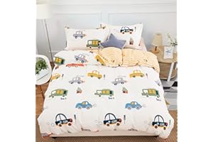 DJY Cars Cartoon Duvet Cover Set Twin Size, 2 Pieces 100% Cotton Breathable Bedding Sets (1 Duvet Cover+1 Pillowcase), Reversible Stripes Printed Comforter Cover Set for Kids Teens Boys Girls