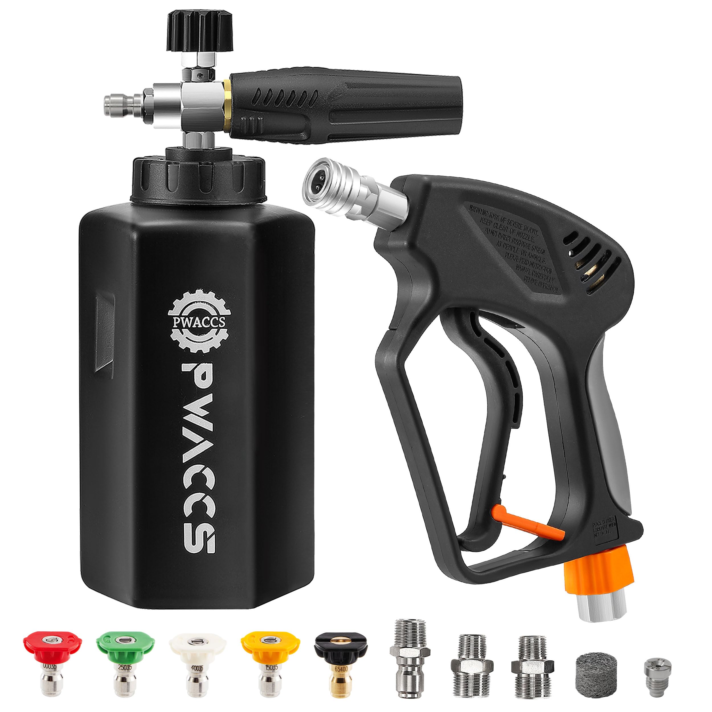 Photo 1 of PWACCS Pressure Washer Gun with Foam Cannon, Short Pressure Washer Gun with Swivel, Foam Cannon for Car Wash Foam Gun Kit with 1/4" Quick Connector, 5 Pressure Washer Nozzle Tips, 1.5 Liter, 5000 PSI