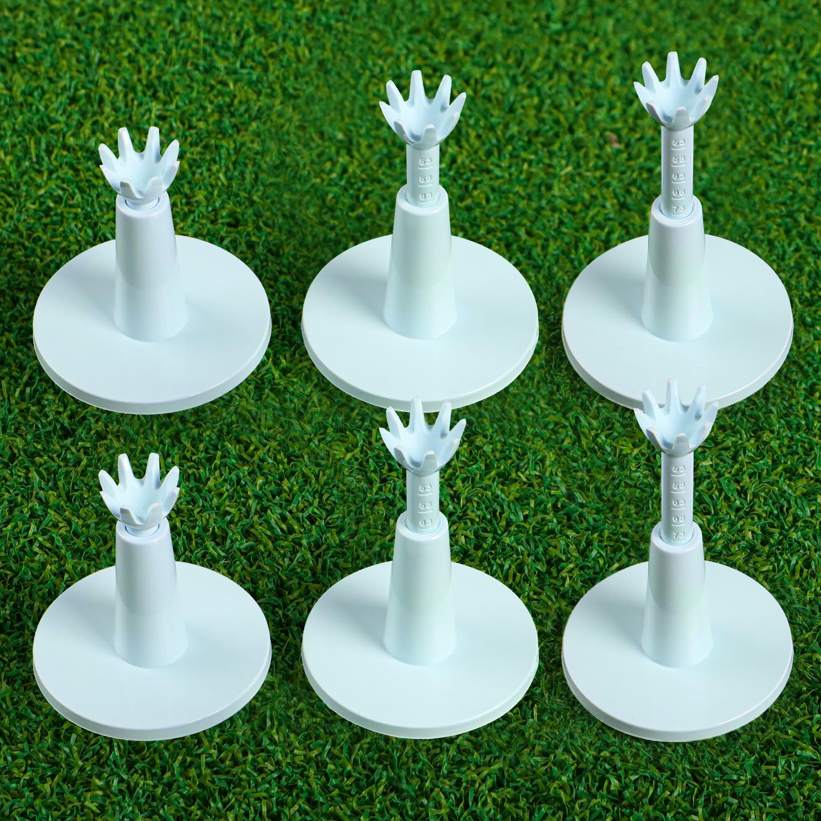 FINGER TEN Golf Rubber Tees Adjustable Value 3 6 Pack, Durable Rubber Material Tees 2.1"-2.9" Height Range, Flexible 8-Claw Base Design for Driving Range Simulator Use (6-Piece Set in White)