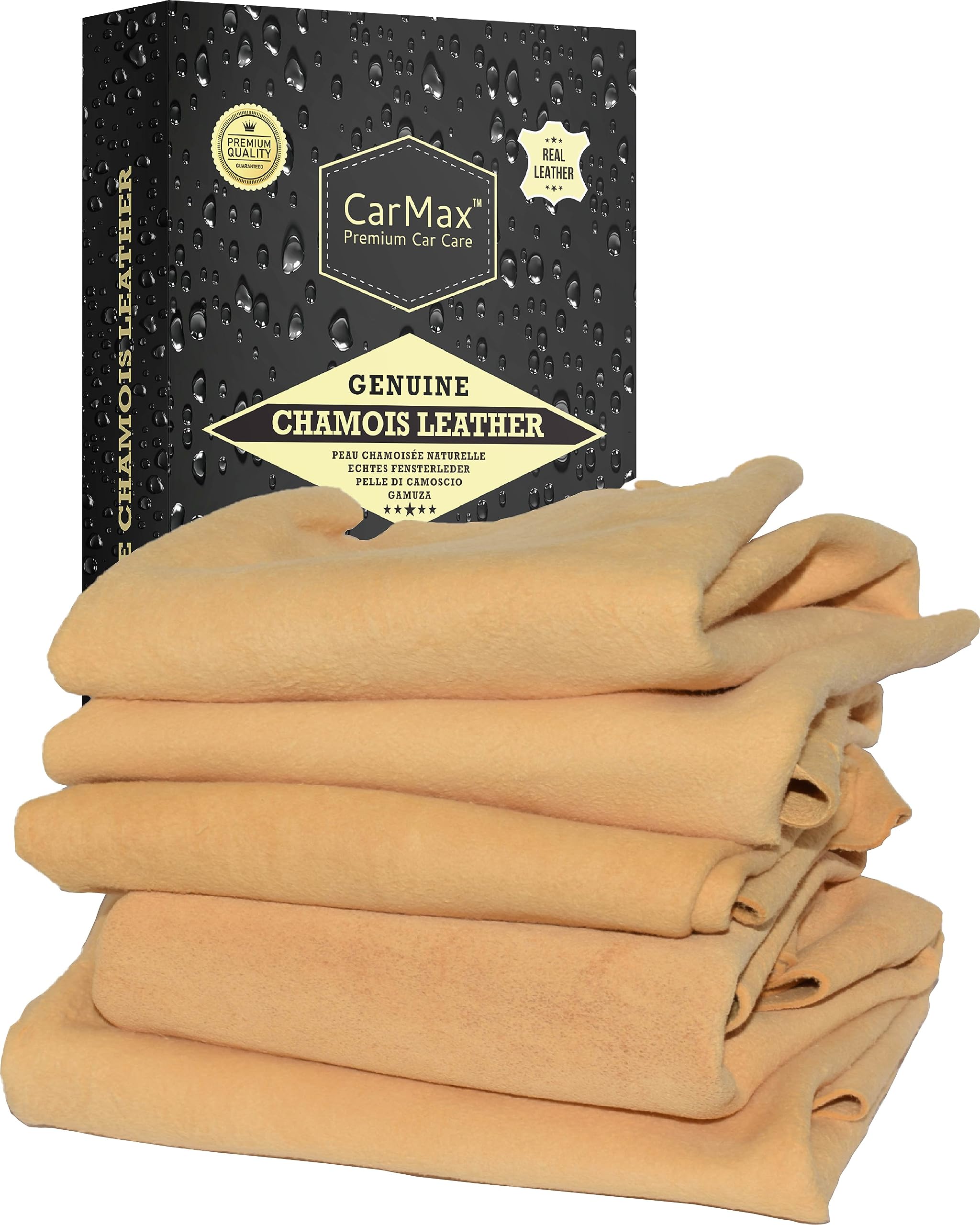 CarMax® Essentials - Premium Natural Chamois Leather - Fanatic's Five Pack - Perfect for car detailing, glass, mirrors and for windows and glass around the home