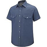 Pearl snap Men's Denim Shirts Short Sleeve Western Cowboy Button up Solid Work Cotton Shirts
