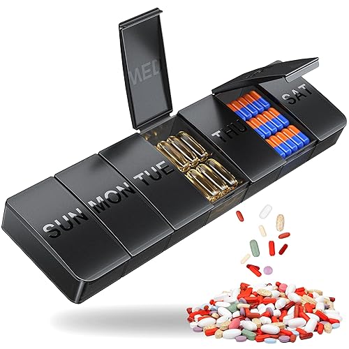 Weekly Pill Organizer, Portable Medicine Pill Container, Big Compartments Pill Case, Daily Holder for Vitamins, Fish Oils or Supplements, BPA-Free Box, Black