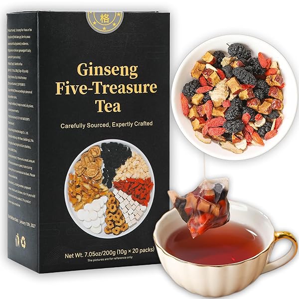 GINSENG-INFUSED FIVE TREASURE TEA, 200G KIDNEY TEA FORMULA, TRADITIONAL CHINESE HERBAL TEA, KIDNEY CARE TEA BAGS FOR WOMEN & MEN- 20BAGS/BOX (1 BOX, GINSENG FIVE TREASURES TEA)