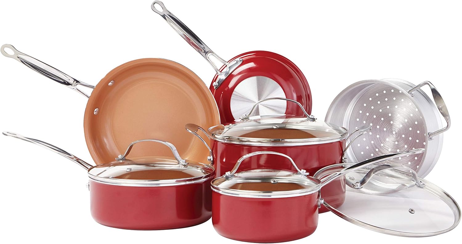 BulbHead Red Copper 10 PC Copper-Infused Ceramic Non-Stick Cookware Set: Kitchen & Dining