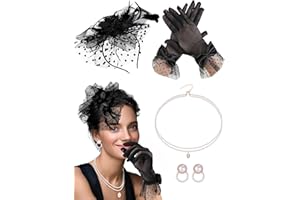 Bonuci 4 Pcs 50s Fascinator Hat for Women Black Funeral Veil Hat Tea Party Headpiece Lace Glove Pearl Necklace Earring