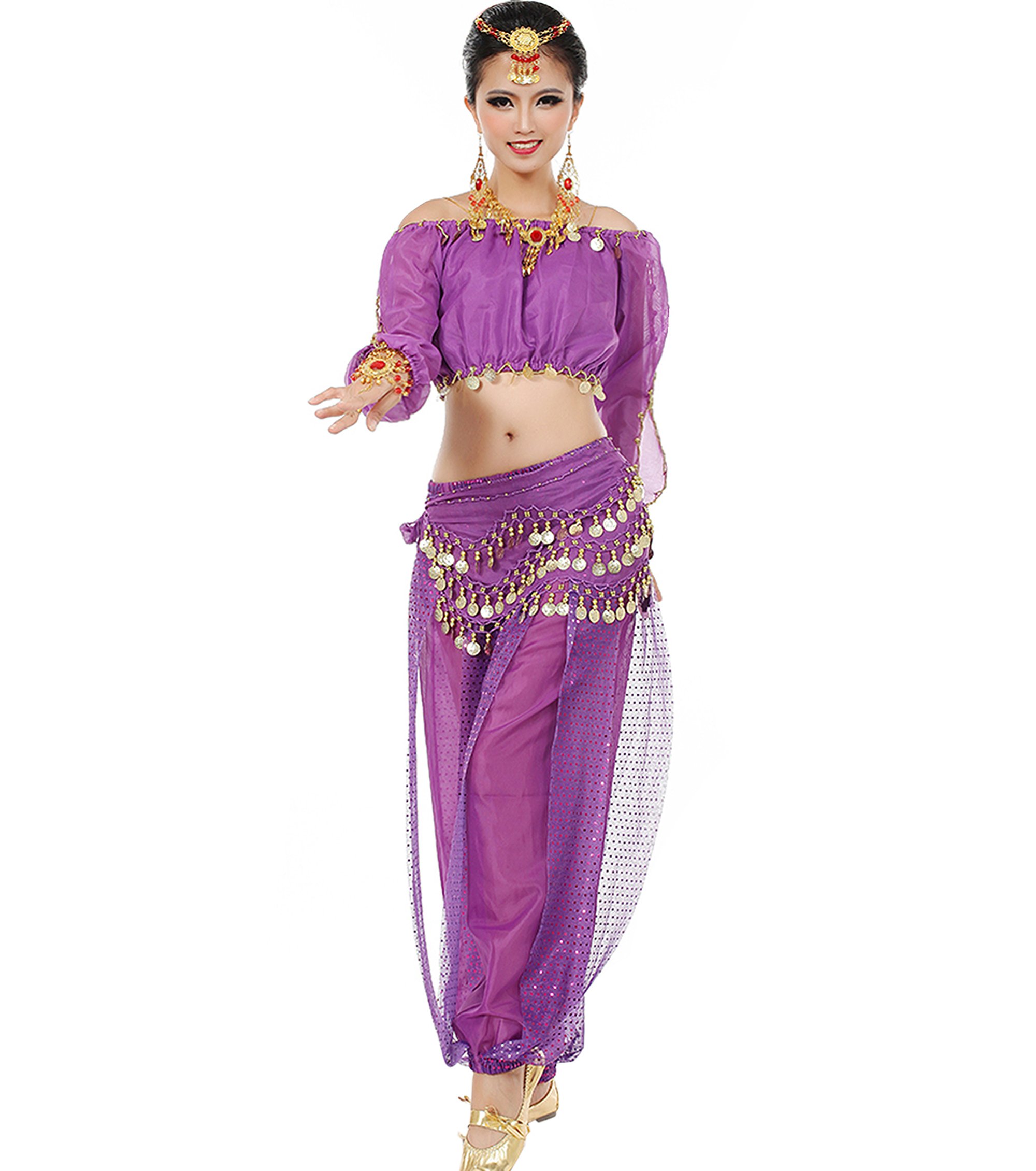 Astage Women Belly Dance Suit Costume Active Wear Longsleeve Top Pants Waist-Belt Sets