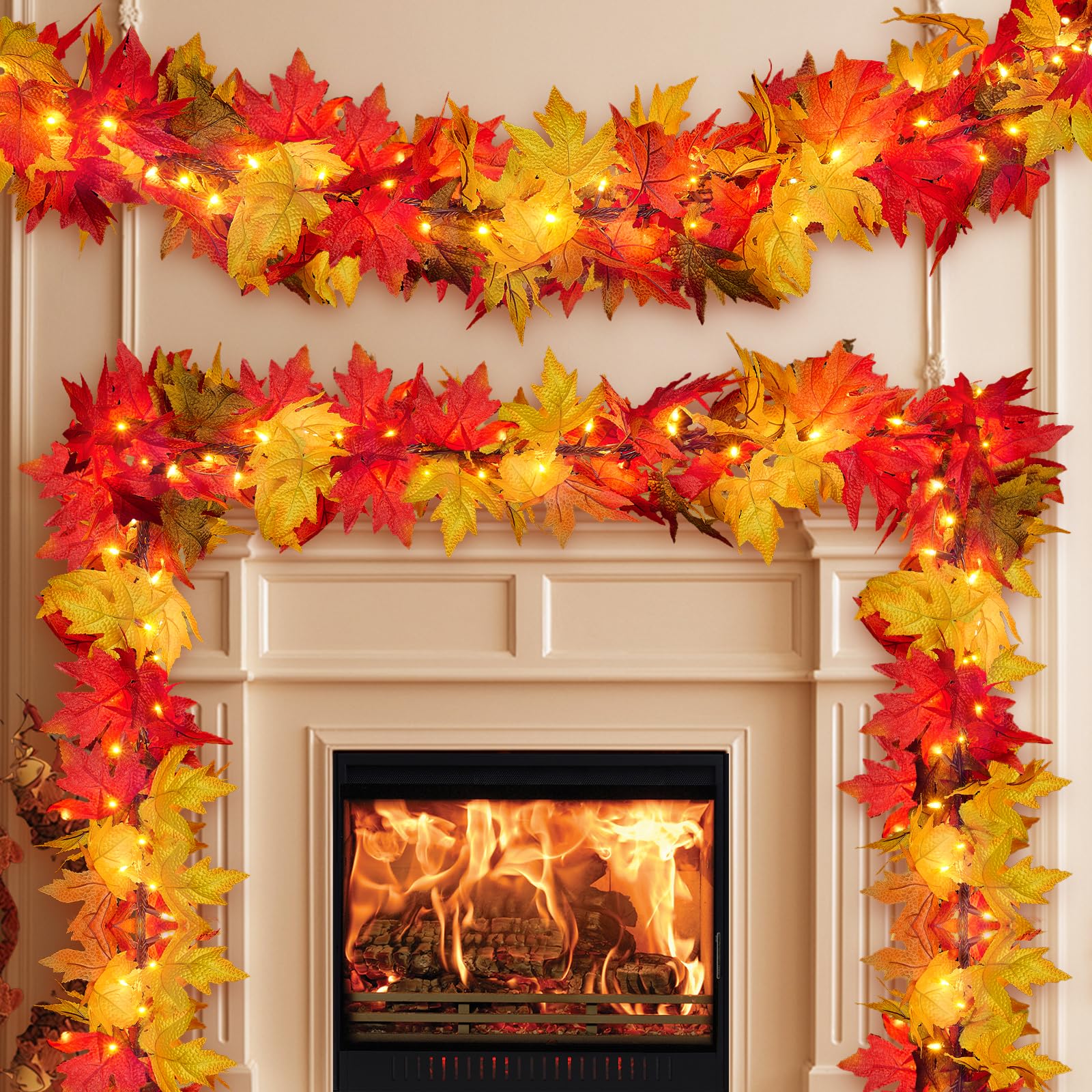 Photo 1 of Fall Decorations for Home Large Maple Leaves 9Ft Plug in Fall Lights with 50 Orange Bulbs UL Certified Connectable Fall Decor Garland for Indoor Outdoor Halloween Thanksgiving Harvest Decorations