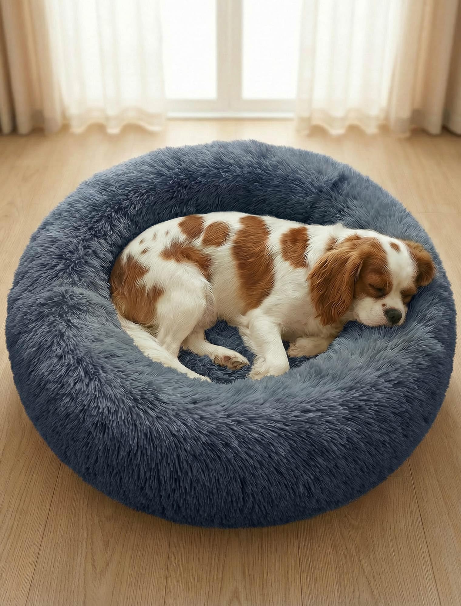 OKPOW Donut Dog Bed,60cm Calming Anti Anxiety Medium Dog Beds,Washable Soft Warm Plush Fleece Fluffy Soothing Cat Pet Cushion,Round Orthopedic Relief Improved Sleeping Non Slip Bottom Kitten Bed