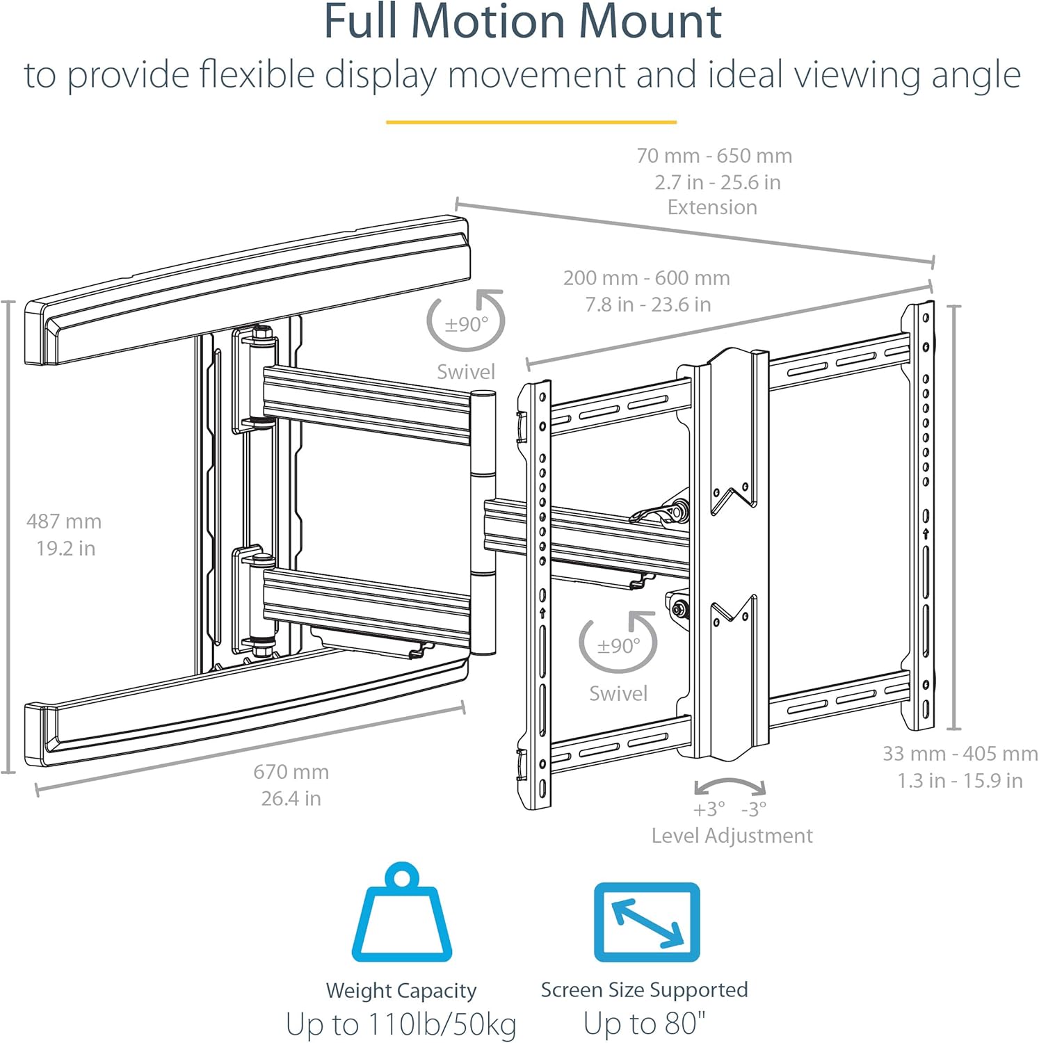 StarTech.com TV Wall Mount for up to 80 inch (110lb) VESA Mount Displays, Low Profile Full Motion Universal TV Wall Mount - Image 3