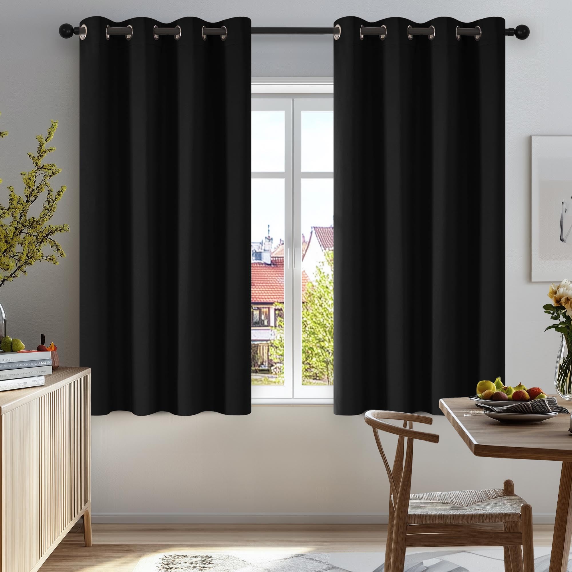 Deconovo Solid Curtains Window Treatment Room Darkening Blackout Curtains Thermal Insulated Eyelet Curtains for Bedroom 52"x 54" Black 1 PAIR