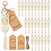 Huquary 50 Set Boho Macrame Keychain Bulk with Tassel and Kraft Thank You Tags Boho Party Favors for Key Purse Wallet