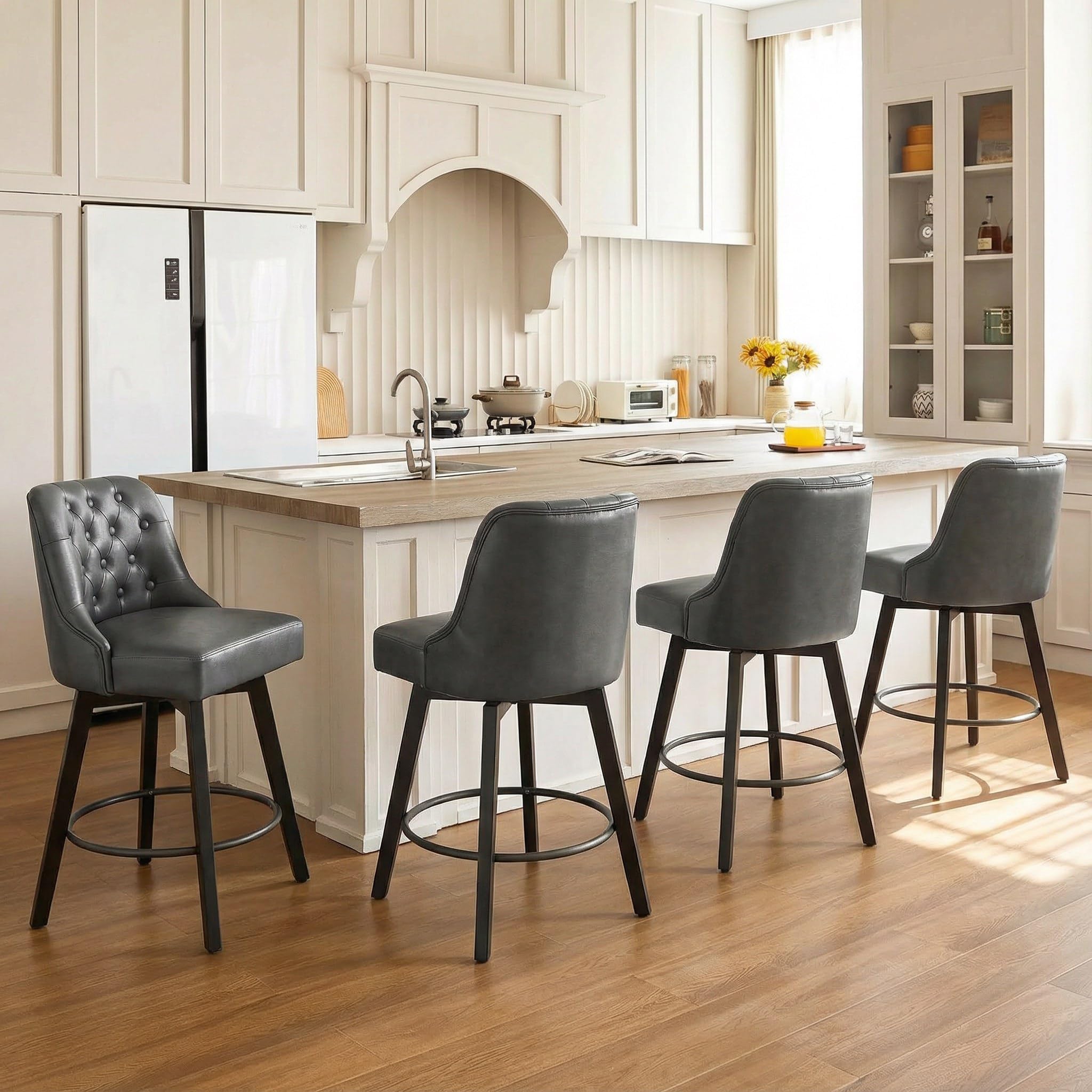 KISLOT Counter Height Swivel Barstools with Back,26″ H Seat Height Upholstered Bar Stools for Kitchen Island,Set of 4,Grey Leather
