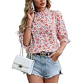Vipwest Women's Elbow Sleeve Mock Neck Tops Women Summer Floral Blouse Business Dressy Casual Office Work