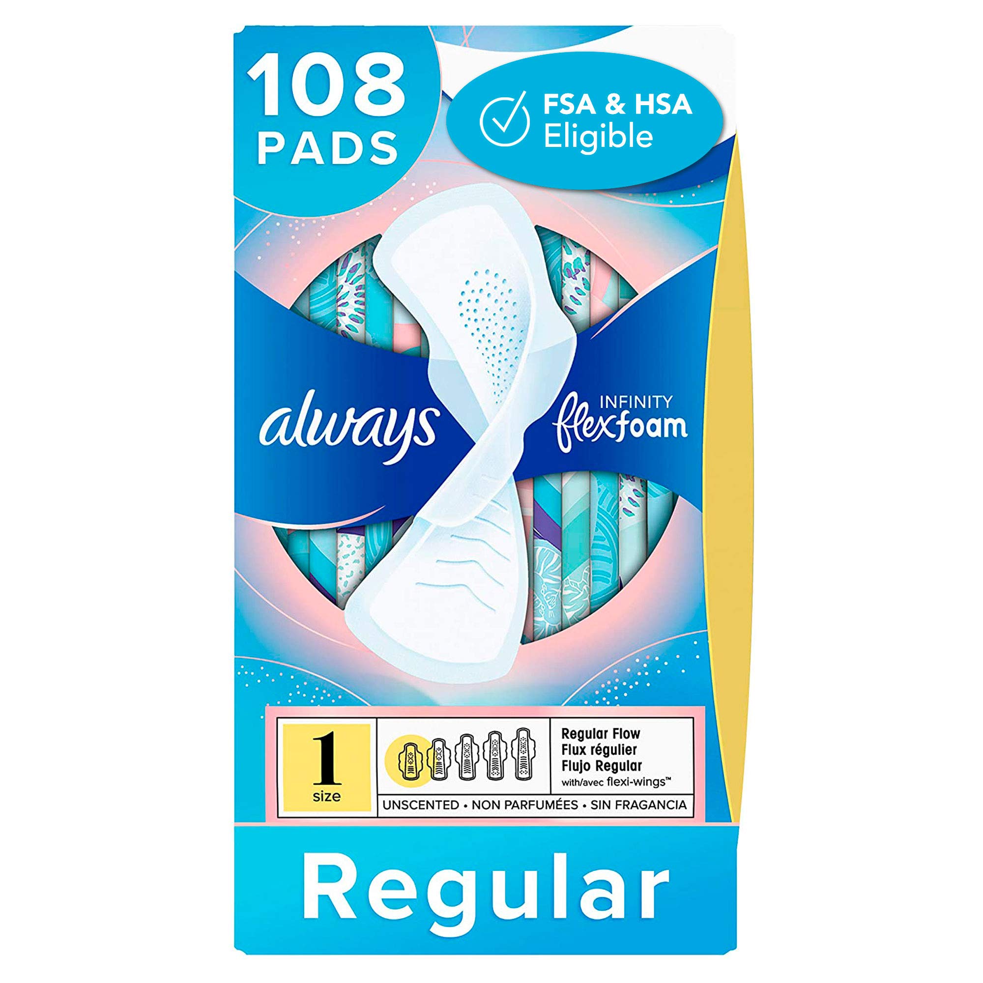 Always Infinity Feminine Pads for Women, Size 1, 108 Count, Regular