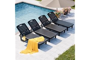 SELLERWE Outdoor Chaise Lounge Set of 4, Waterproof Resin Lounge Chairs for Outside w/Adjustable 5 Positions All Weather Recliner Chair for Patio, Poolside, Beach, Yard, Black