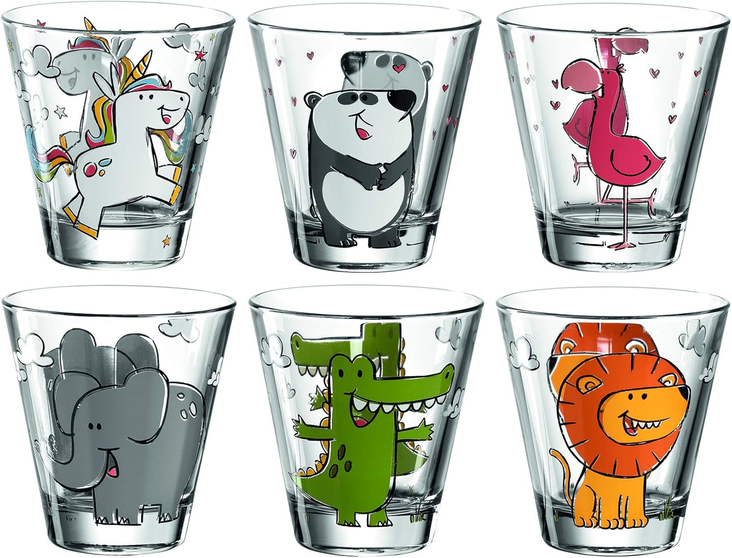 Leonardo Bambini Trink-Glas, Kinder-Becher aus Glas mit Tier-Motiv, spülmaschinengeeignete Saft-Gläser, 6er Set, 215 ml, 017906