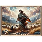 Jesus And The Lamb Canvas Wall Art Christian Shepherd Jesus Leads Lost Lamb Bible Stories Oil Paint Picture Wall Decor Poster Print Artwork for Church Prayer Room Bedroom Home Decoration Unframed