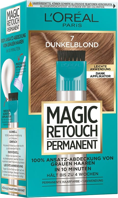 L'Oréal Paris 100% Ansatz-Abdeckung zum Kaschieren grauer Haare, permanente Haarfarbe, langanhaltender Haar Concealer, leichte Anwendung, Magic Retouch Permanent, Nr. 7 Dunkelblond, 1 Stück