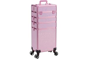 AROUS Rolling Makeup Train Case Large Storage Cosmetic Trolley 5 in 1 Large Capacity Trolley Makeup Travel Case with Key Swivel Wheels Salon Barber Case Traveling Cart Trunk, Black (Pink)