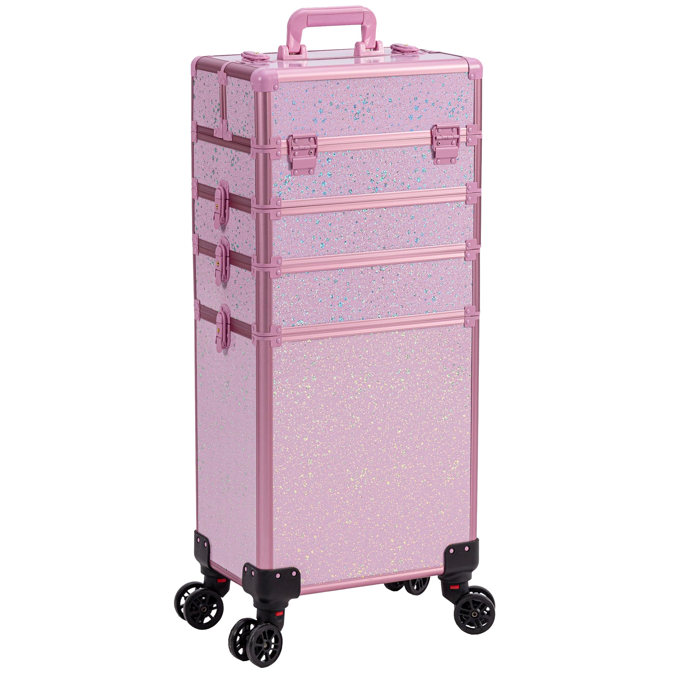 Photo 1 of AROUS Rolling Makeup Train Case Large Storage Cosmetic Trolley 5 in 1 Large Capacity Trolley Makeup Travel Case with Key Swivel Wheels Salon Barber Case Traveling Cart Trunk, Pink
