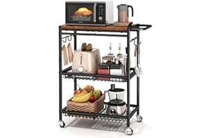 PKUYRES Microwave Kitchen Cart with Push Handle, 3 Tier Rolling Cart with 2 Lockable Wheels, Vintage Kitchen Storage Cart with 210Lbs Capacity for Kitchen Island, Restaurant, Coffee Bar, Living Room, Office