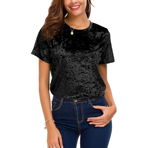 Women's Vintage Velvet T-Shirt Casual Long Sleeve Top (S, Black