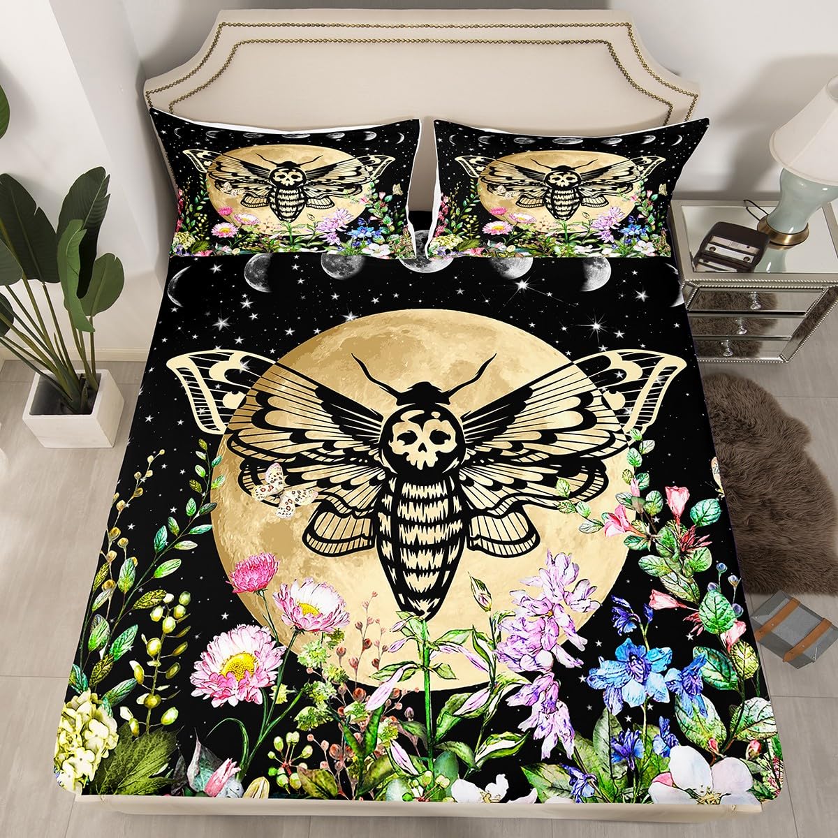 Death Moth Fitted Sheet King Size, Watercolor Flower Moon Bed Cover with 2 Pillowcases, Gothic Skull Butterfly Bedding Set 3pcs for Kid Girl Room Decor, Soft Polyester Bedding