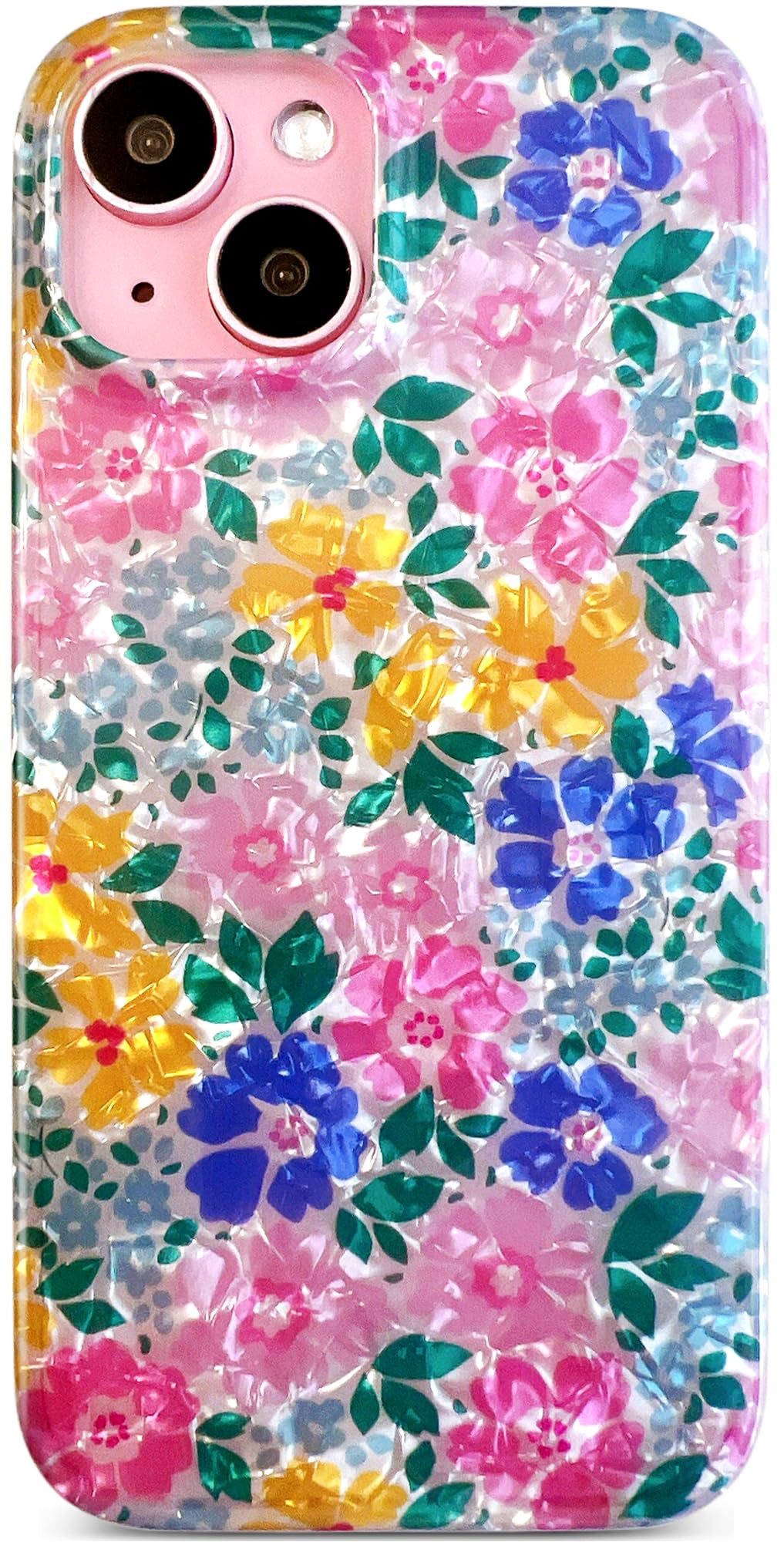 Photo 1 of Qokey Compatible for iPhone 15 Case 6.1", Glitter Pearly Pastel Flowers Seashell for Women, Soft Bumper Lightweight Slim Fit TPU Non-Yellowing Shockproof Phone Cover, Powder Blue Floral