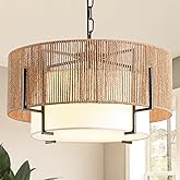 SupMaka 4-Light Rattan Chandelier, 19.7" Boho Pendant Light with Fabric Shade, Farmhouse Rattan Hanging Ceiling Light Fixture