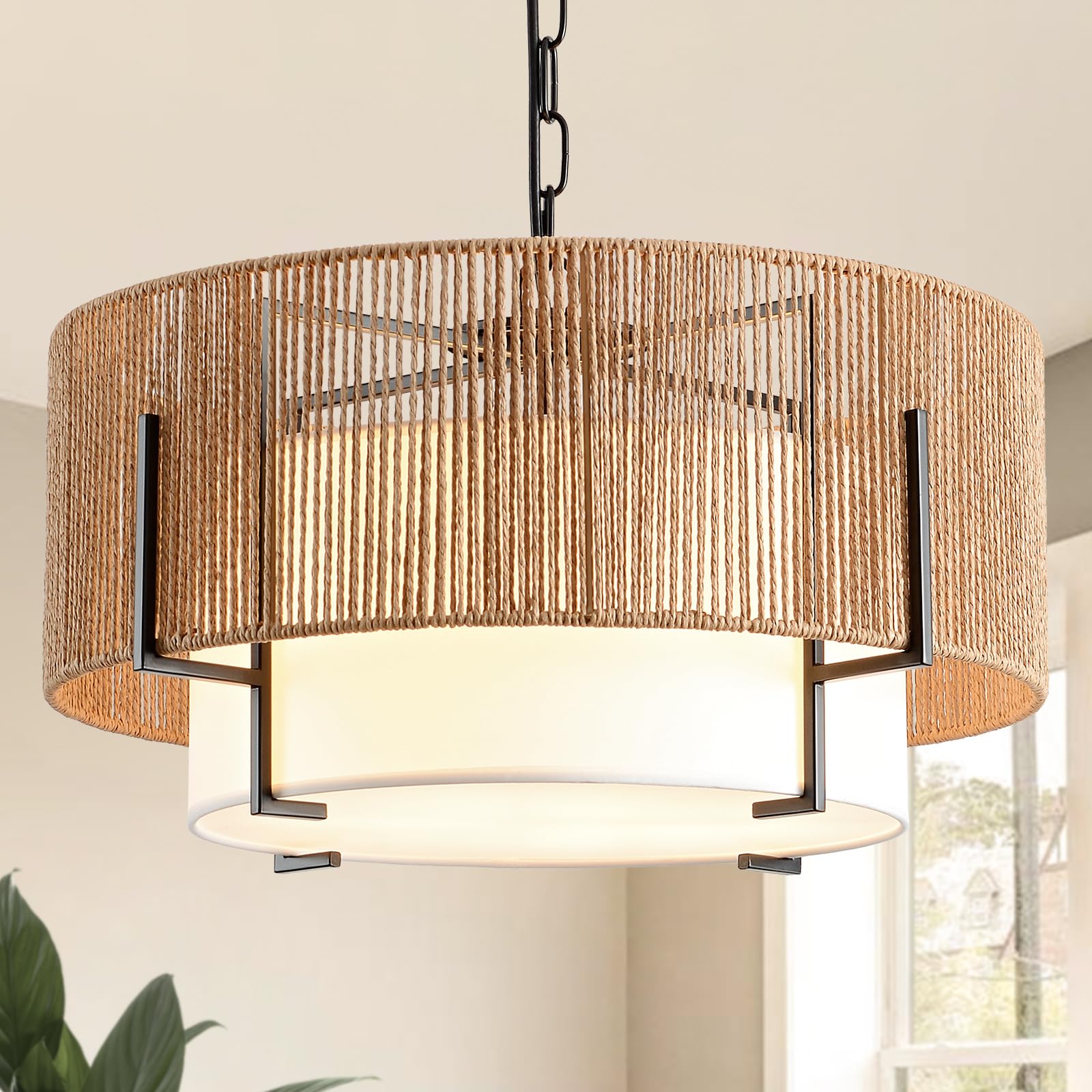 Photo 1 of ** MISSING HARDWARE*-*
SupMaka 4-Light Rattan Chandelier, 19.7" Boho Pendant Light with Fabric Shade, Farmhouse Rattan Hanging Ceiling Light Fixture for Dining Room, Living Room, Kitchen Island, Bedroom, Hallway, Foyer
