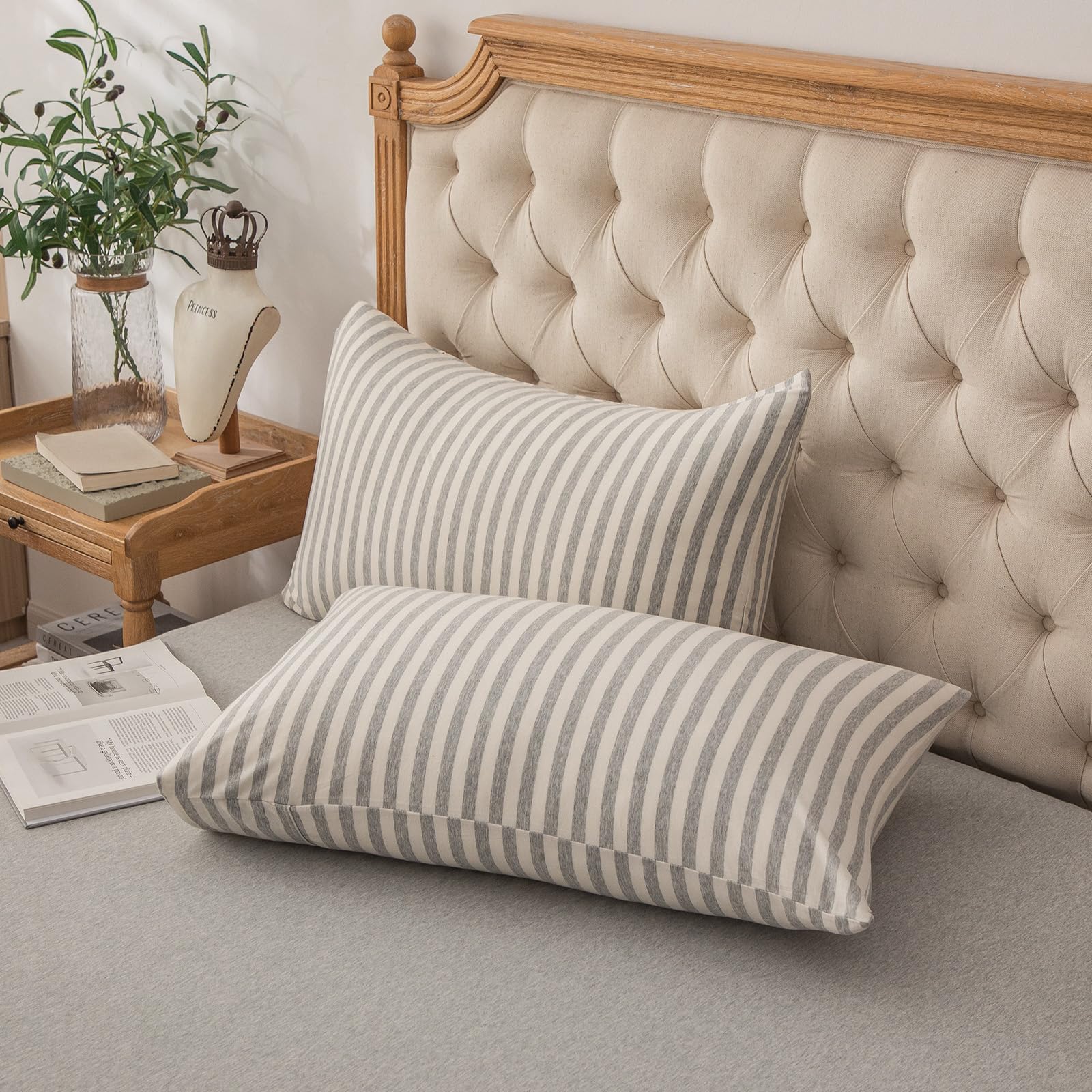 PURE ERA Jersey Knit Pillowcases 100% T-Shirt Cotton Super Soft Comfy Breathable, Set of 2, King 20" x 36", Grey & White Stripe