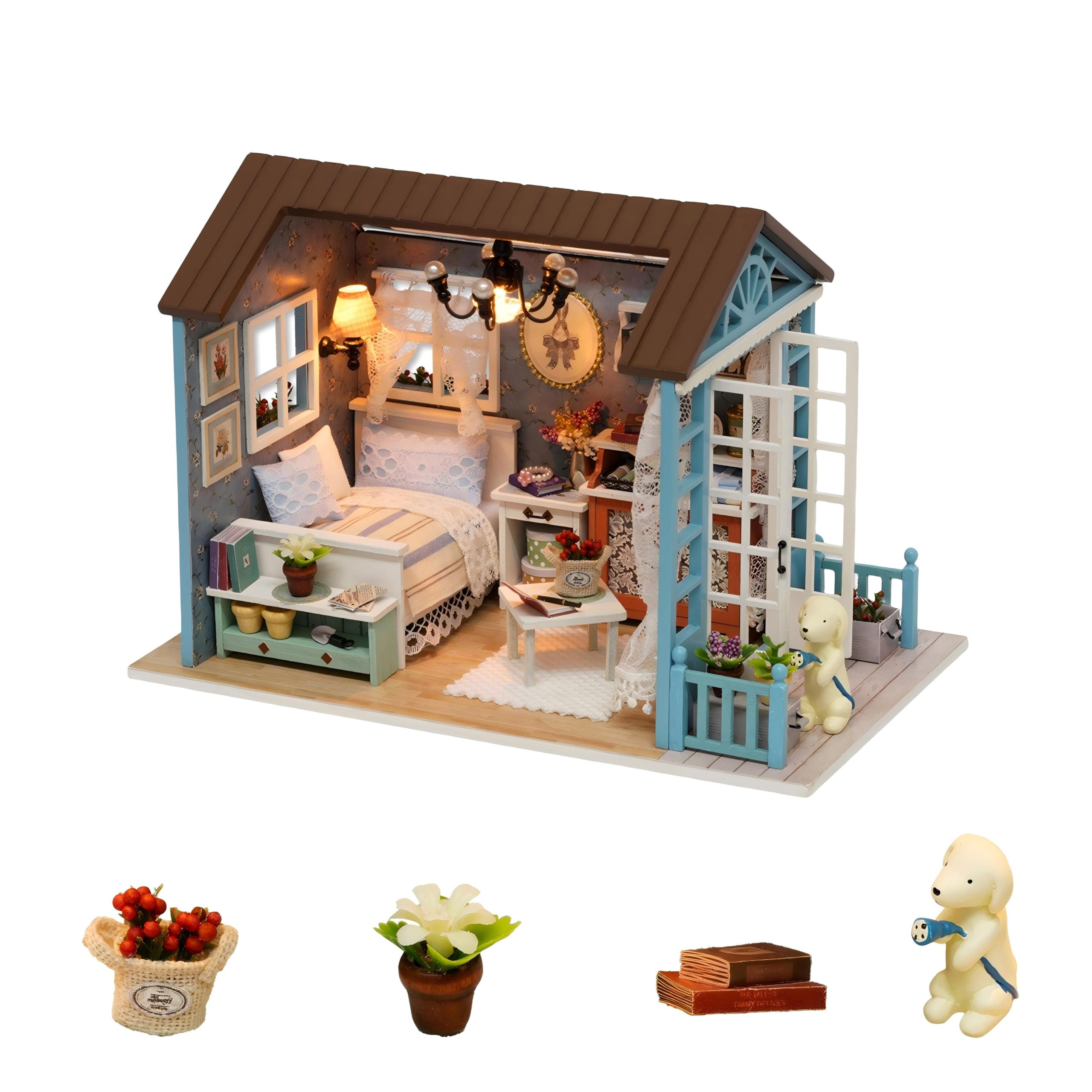 Lycidae DIY Dollhouse Miniature, 3D Wooden Craft Wooden Puzzle, with LED Lights, Dust Cover, 3D Hands Craft for Adults/Teens Perfect for Gifts or Decorations(Blue)