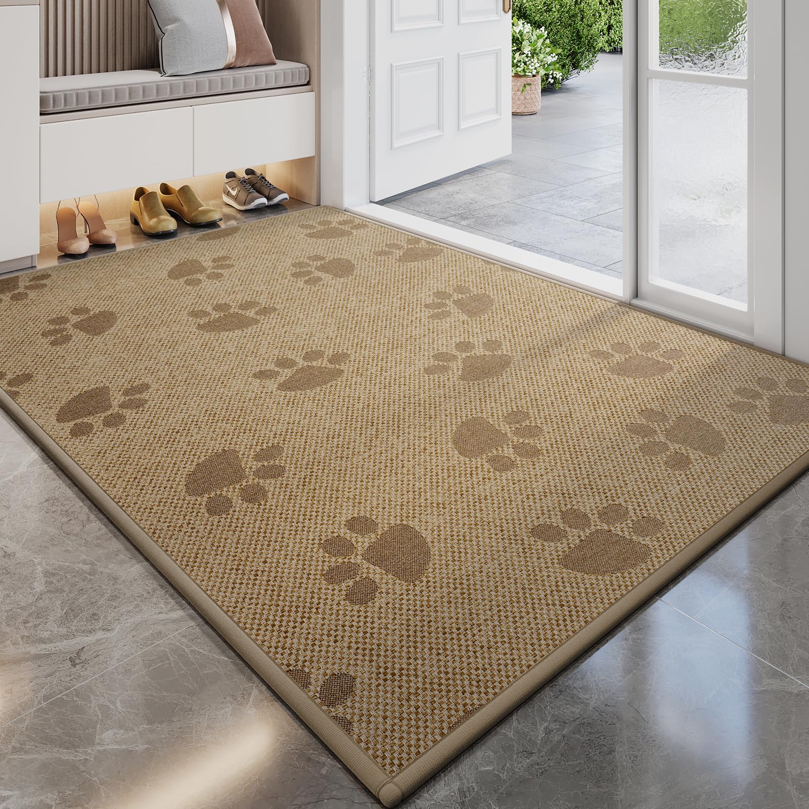 YDKGL Door Mat Indoor Entrance 24"x35", 0.16" Thin Paw Print Low Pile Doormat, Non Slip Welcome Mat, Trap Dirt and Moisture, Easy Clean, Brown Image