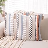 WANLIRD Boho Throw Pillow Covers 18x18 Set of 2 Woven Tufted Farmhouse Pillows Cover with Tassels Textured Striped Cushion Case Neutral Pillow Cases Decorative Pillowcase for Couch,Orange Blue