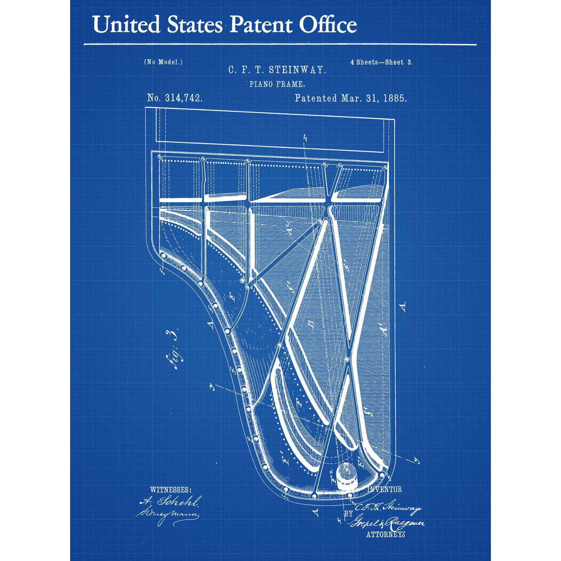 Artery8 Steinway Piano Frame 1885 Internals Vintage Music Patent Large Wall Art Poster Print Thick Paper 18X24 Inch