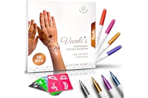 Vanli's Metallic 10 Temporary Tattoo Markers, Temporary Tattoo Pens with 30 Tattoo Stencils. Stocking Stuffers For Kids, Boys, Girls, Women.