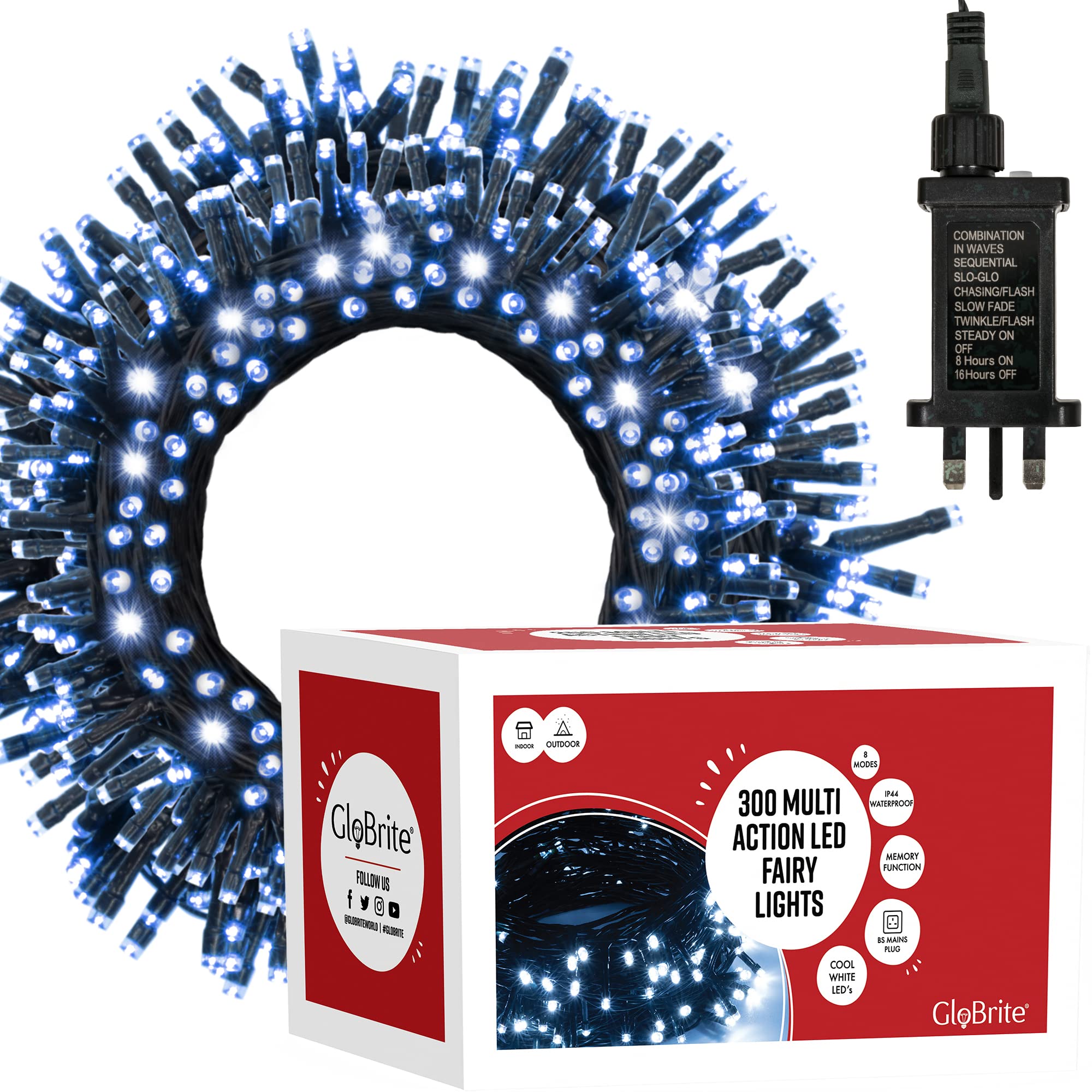 GloBrite 300 LED Fairy Lights - Versatile Christmas Lights with 8 Modes, Outdoor Fairy Lights, Christmas Tree Lights and Christmas Decorations - Waterproof Christmas Lights Outdoor - Cool White