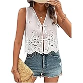 SweatyRocks Women's Tie Front Sleeveless Blouse V Neck Sheer Eyelet Embroidery Shirts Tops
