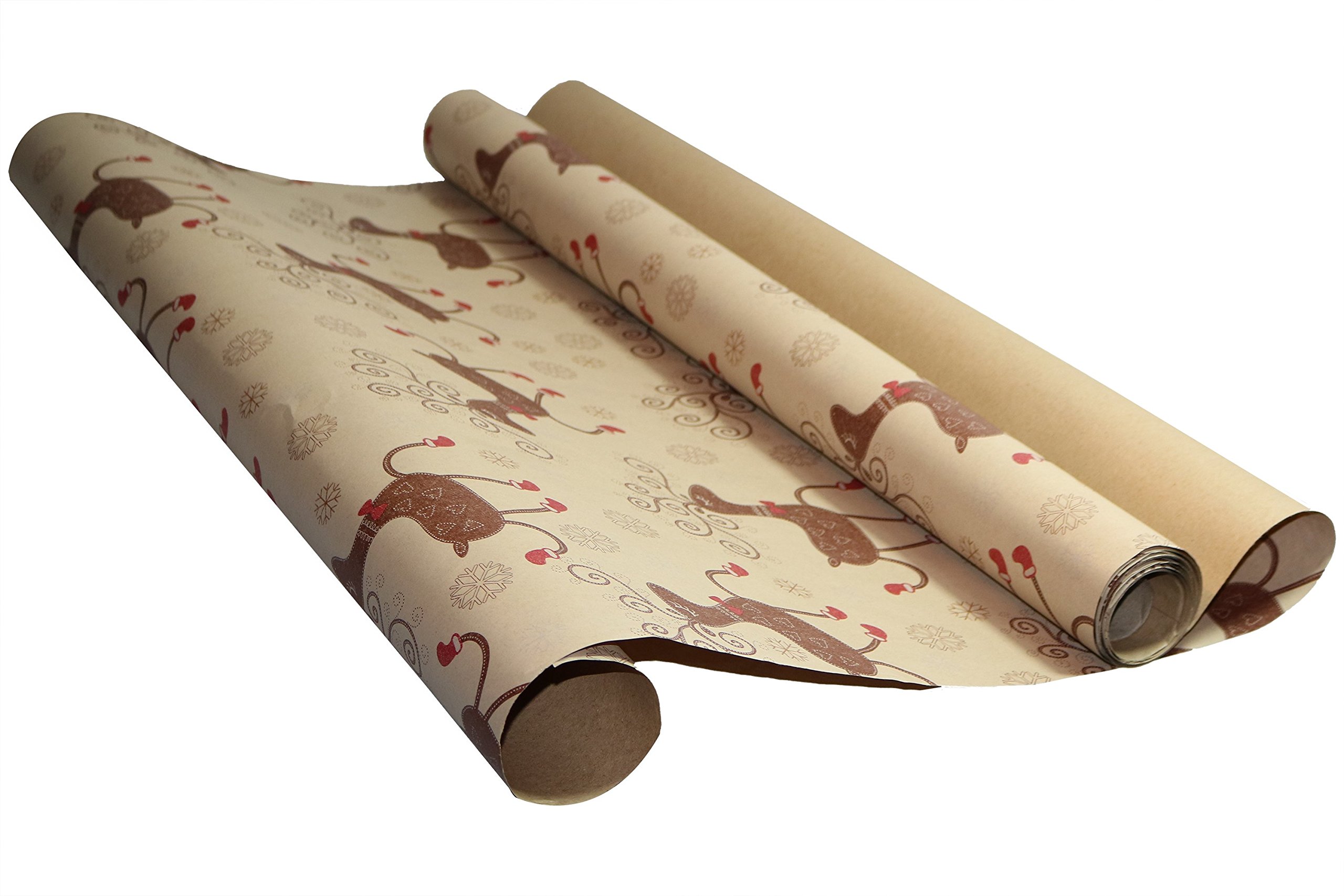 Printed Christmas Kraft Wrapping Paper Set (Reindeer-Bulbs-Trees on Brown Kraft)