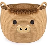 Hkojewp Highland Cute Cow Basket for Nursery, Large Blanket Gift Basket, Woven Rope Cotton Storage, Baby Laundry 0rganizer with Ears Handles, Towels Toy Clothes Gifts Storage Cat Dog Bin,13"D×11.5"H