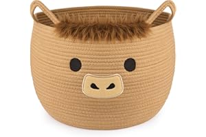 Hkojewp Highland Cute Cow Basket for Nursery, Large Blanket Gift Basket, Woven Rope Cotton Storage, Baby Laundry 0rganizer wi