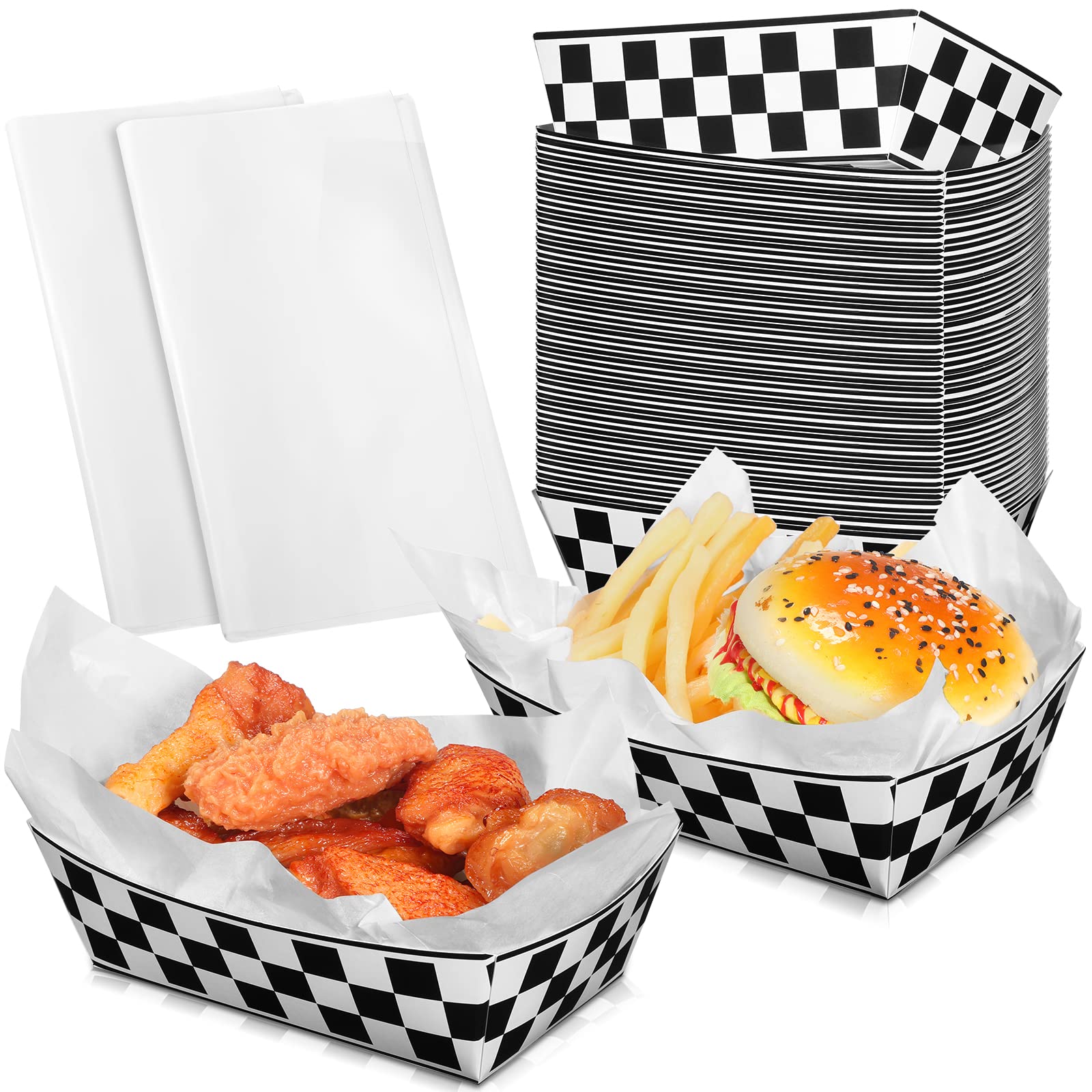 Photo 1 of 50 Pcs Checkered Paper Food Trays with 50 Deli Liner Disposable Racing Party Food Boat Black and White Plaid Serving Tray for Racing Theme Birthday Baby Shower Party Popcorn Nacho Snack Hot Dog