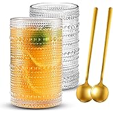 HMWEB Vintage Textured Clear Hobnail Drinking Glasses Set of 2 Highball Bubble Cocktail 12 Oz for Cocktail, Soda, Juice, Water, Beer Wine, Kitchen Bar Embossed Vintage Ribbed Cups