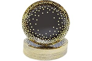 BLUE PANDA 80th Birthday Party Plates - 48-Pack, 7-Inch, Black & Gold - Disposable Paper Dessert Plates for Retirement & Over-The-Hill Celebrations - Gold Foil Polka Dot Design