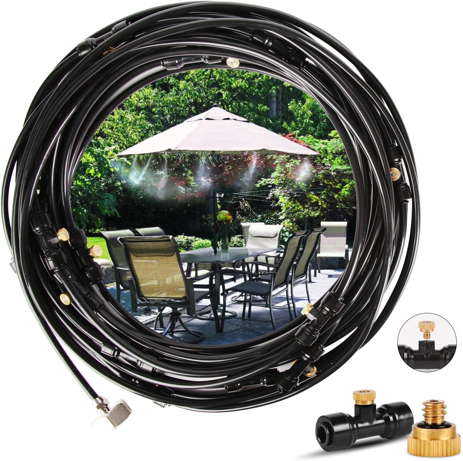 Innoo Tech Misting Cooling System 59FT (18M) Misting Line + 26 Upgrade Brass Mist Nozzles + a Brass Adapter(3/4") Outdoor Mister for Patio Garden Greenhouse Trampoline for waterpark