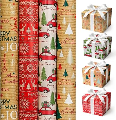 Karrma Ltd 4 x 4M Christmas Wrapping Paper Roll Kraft Tartan Festive Gift Wrap