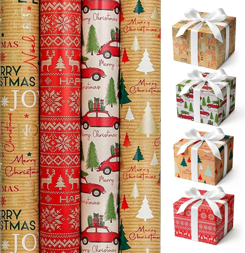 Karrma Ltd 4 x 4M Christmas Wrapping Paper Roll Kraft Tartan Festive Gift Wrap