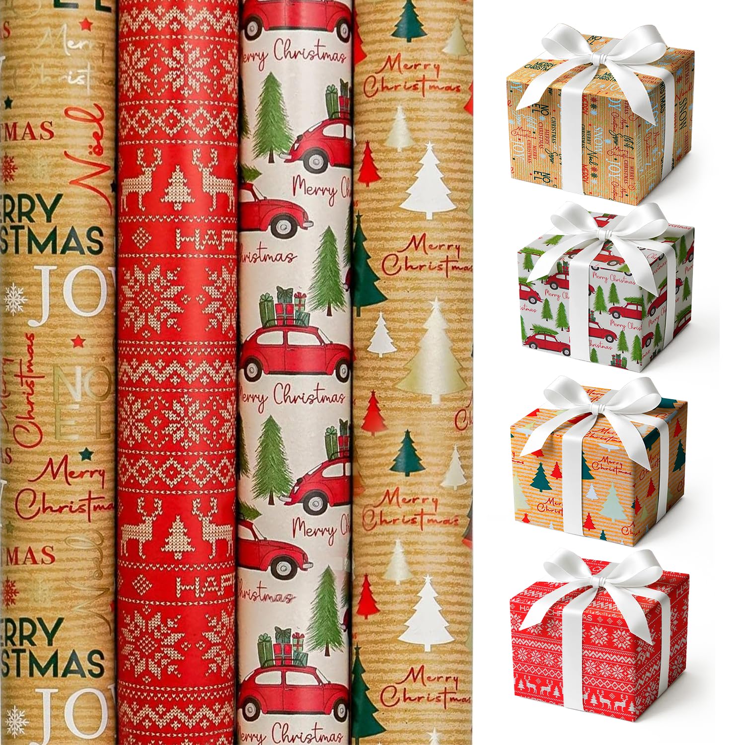 4 x 4M Christmas Wrapping Paper Roll Kraft Tartan Traditional Festive Gift Wrap - Perfect for Christmas, Festival, Gift and Festive Decoration